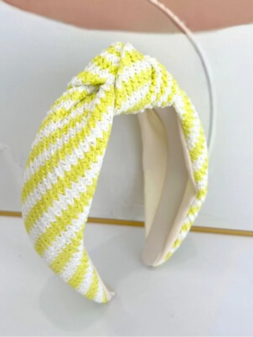 Beach Summer Raffia Striped Yellow & White Knitted Twist Headband